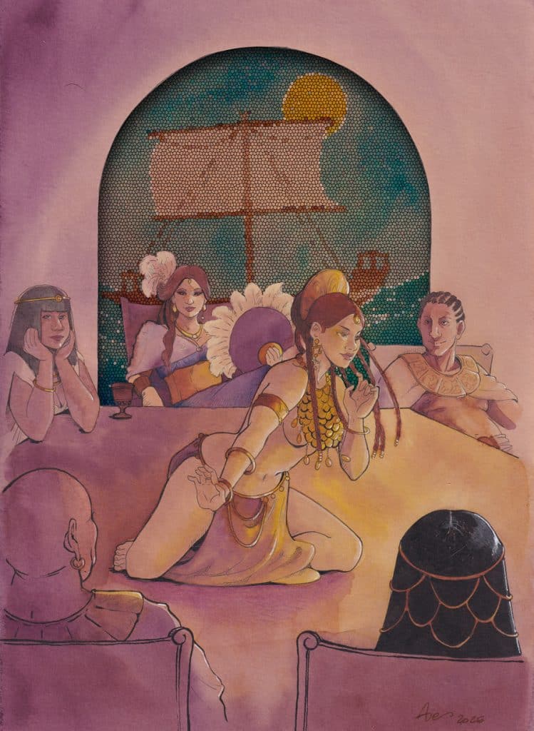 Une danseuse vêtue de bijoux et soieries en pleine représentation devant un public fasciné. Dans le fond, une fresque maritime façon mosaïque.