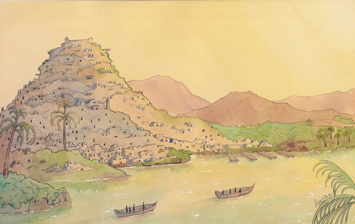 Djedou-BD Une cité bâtie tout autour d'une montagne, avec plein de maisons troglodytes et d'empilements de baraques. La ville est située au bord d'un fleuve. Aquarelle originale par Aemarielle.