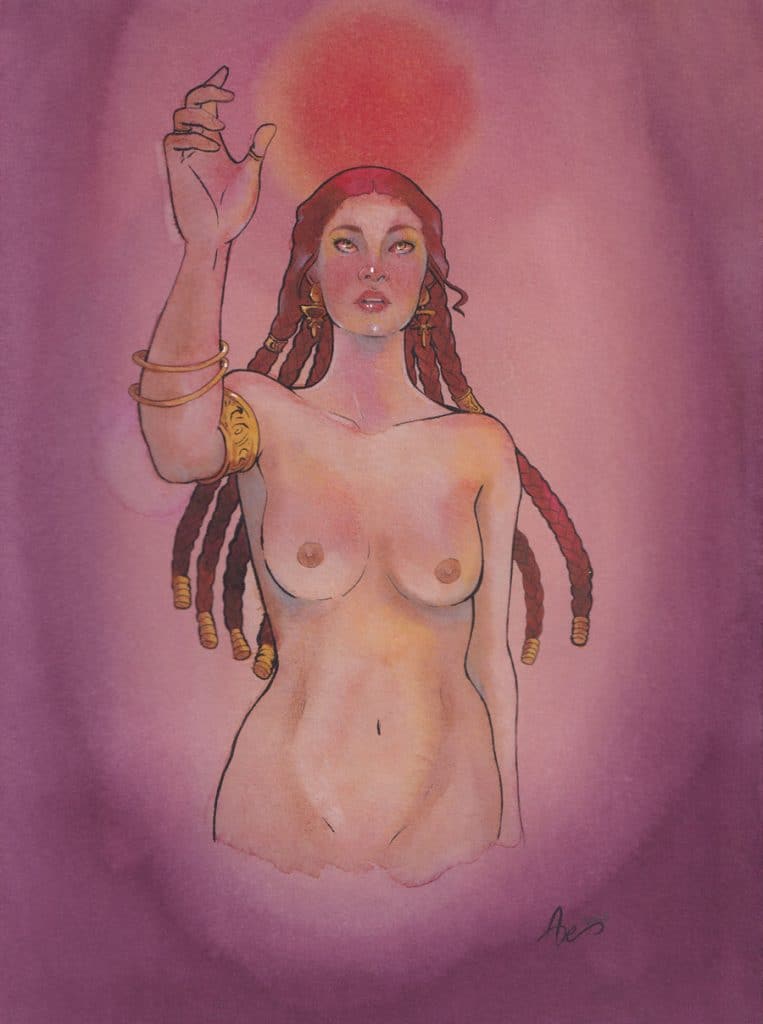 Une jeune femme vêtue de bijoux tend la main vers un objet qui émet de la lumière rouge.