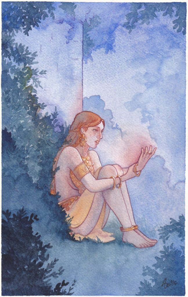 Une jeune femme rousse assise dans des buissons. Sa main droite est fermée autour de son poignet gauche qui émet de la lumière rouge.