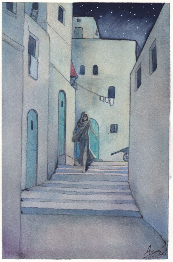 Plan sur une ruelle en escaliers de nuit, dans une ville d'allure antique. Une silhouette encapuchonnée descende les marches discrètement.