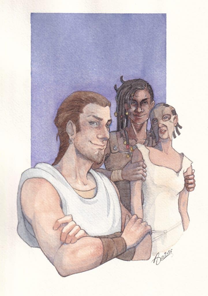 Un homme tient une jeune femme par les épaule de façon menaçante pendant qu'un troisième larron regarde dans notre direction avec un sourire narquois.