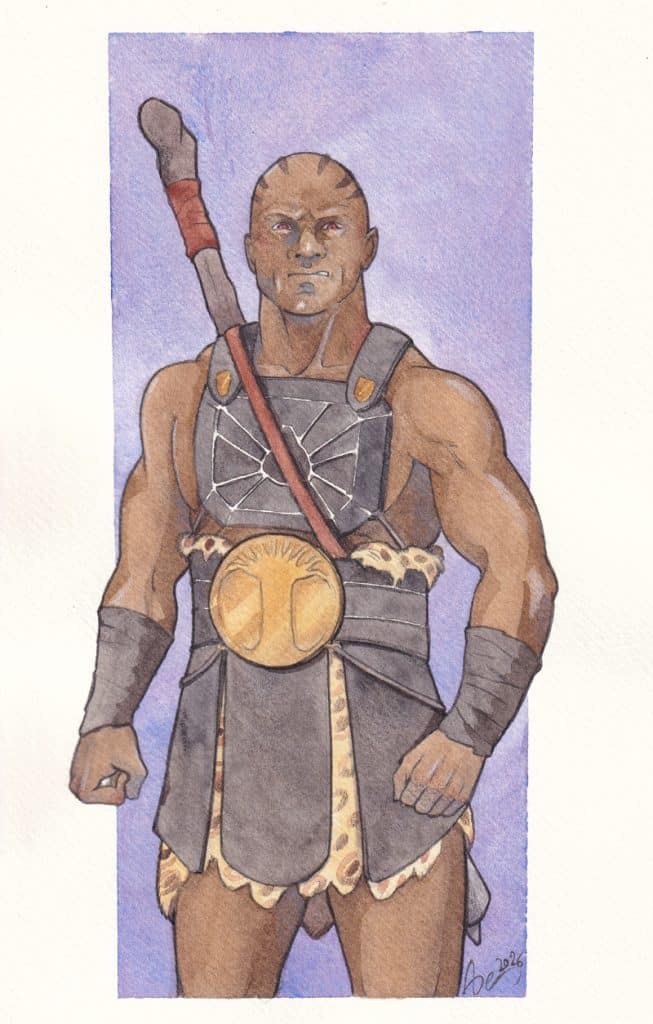 Un homme à l'expression peu engageante, vêtu d'une sorte d'armure ancienne de bois et de cuir avec de la peau de bête en dessous.