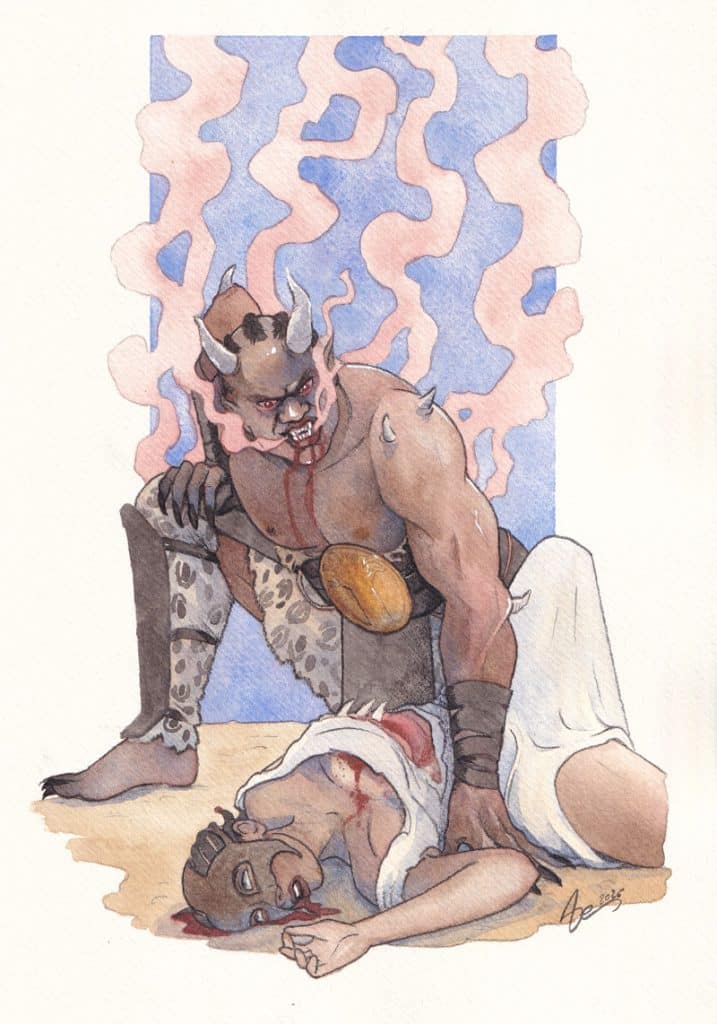 Un homme à l'allure de démon, cornu et musclé, est penché sur le corps d'une femme éventrée.