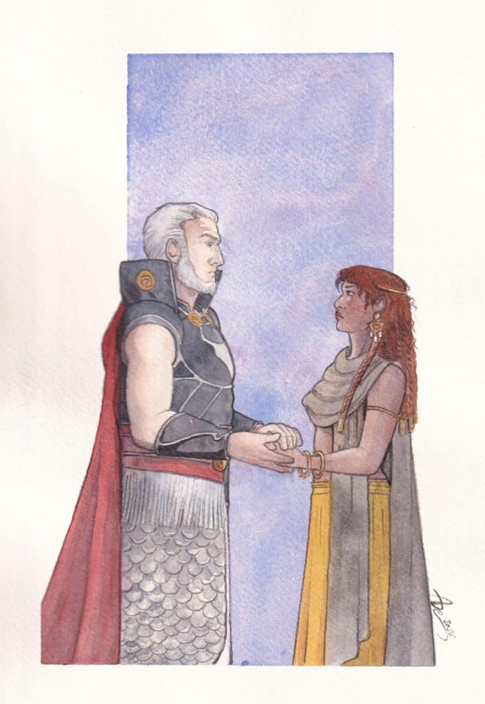 Un homme en armure examine tient la main d'une jeune femme dans les siennes et la regarde avec intérêt.