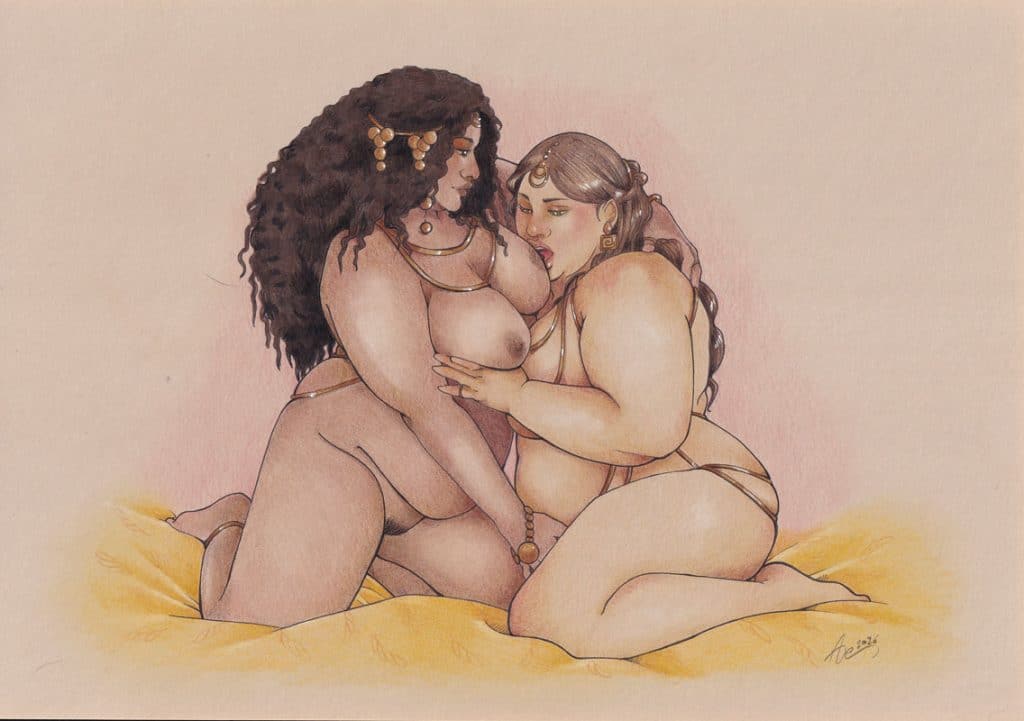 Deux séduisantes jeunes femmes tout en rondeur occupées à se donner du plaisir. Dessin aux crayons de couleurs sur papier teinté.